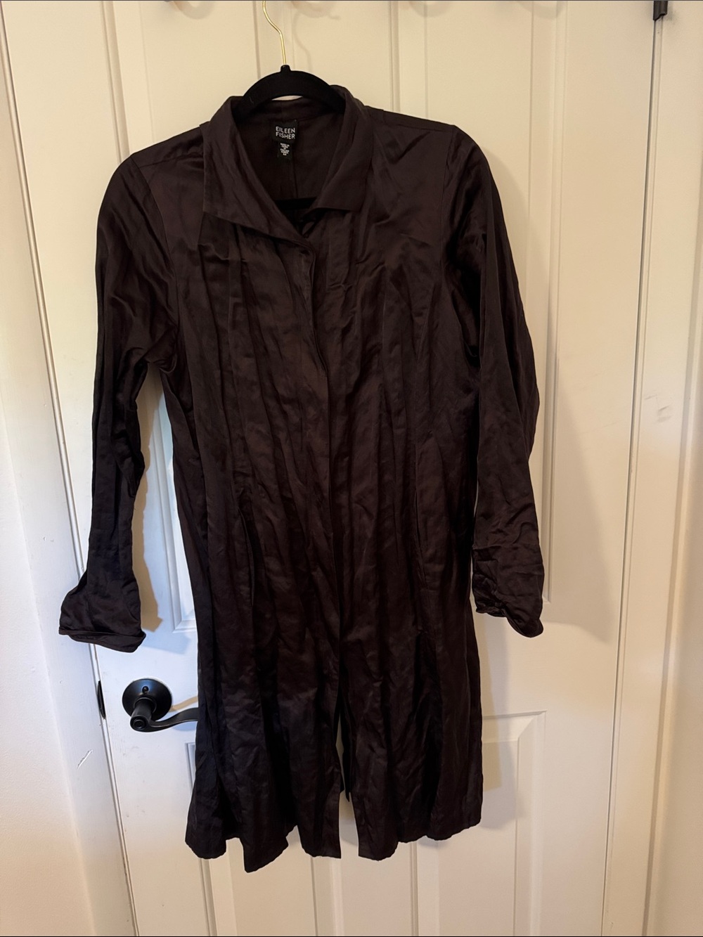 Eileen Fisher Dark Brown Long Snap-Front Crinkle Silk Metallic Jacket.